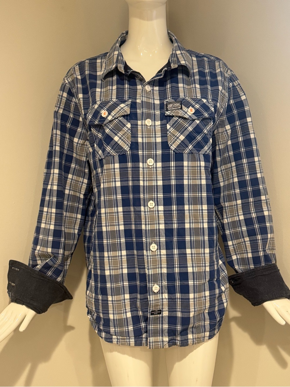 Superdry New Washbasket Plaid Button Front Shirt XL Jersey Lined Blue Cotton